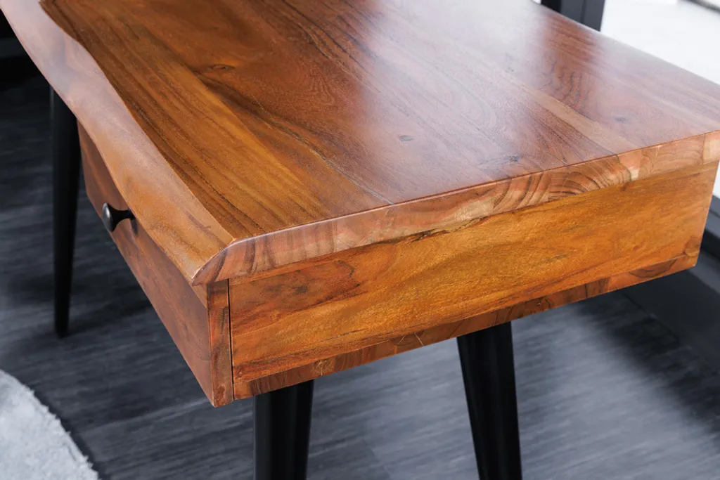 Massiver Schreibtisch WILD 110cm Akazienholz Baumkante Mit Schublade Metallbeine – Bild 12