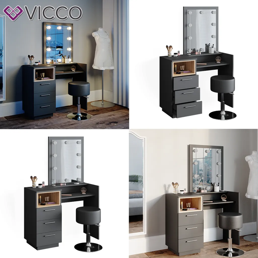 Vicco Schminktisch Frisiertisch Frisierkommode Beatrice Anthrazit LED Hocker Set – Bild 8