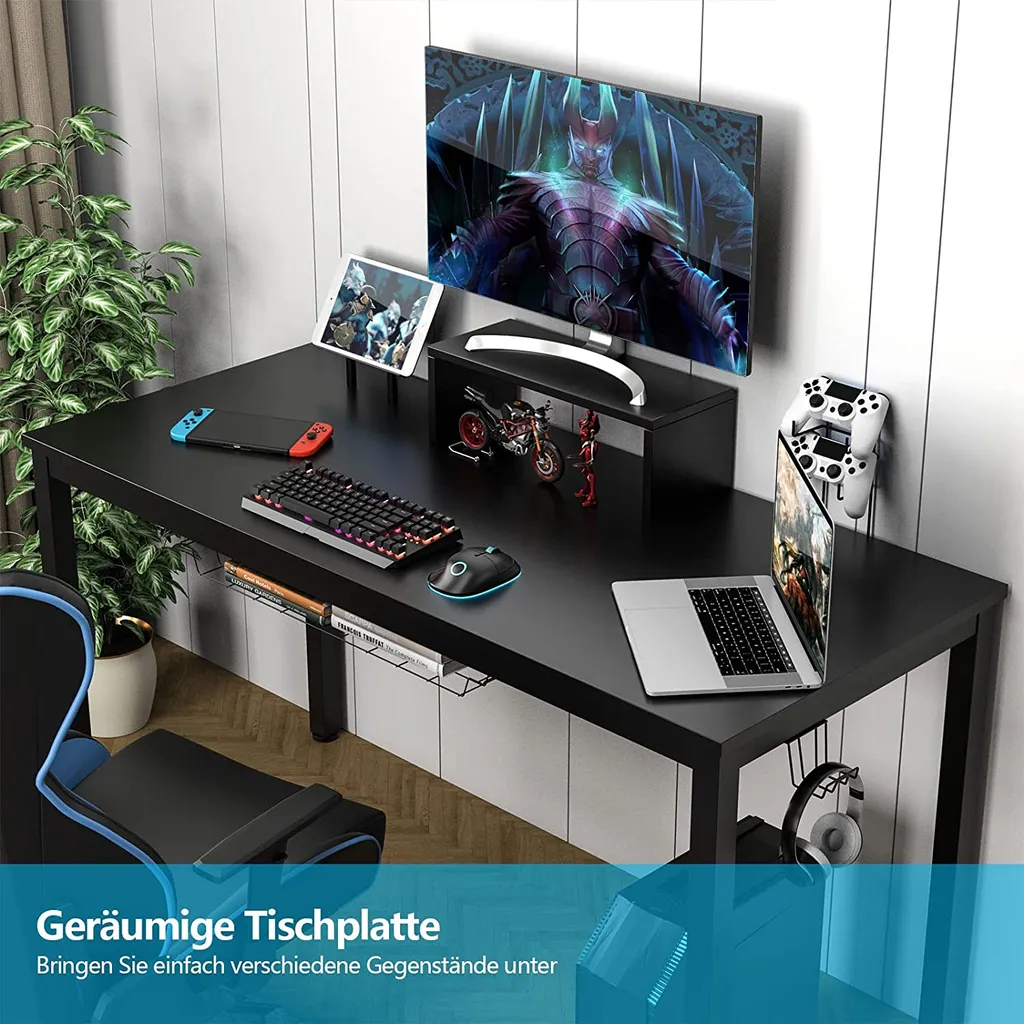 COSTWAY 140cm Gaming Tisch Mit Monitorablage, Groß Gamer Schreibtisch, PC-Tisch Mit Getränkehalter, Kopfhörerhaken, Aufbewahrungskorb, Medienablage, Verstellbare Fußpolster – Bild 6