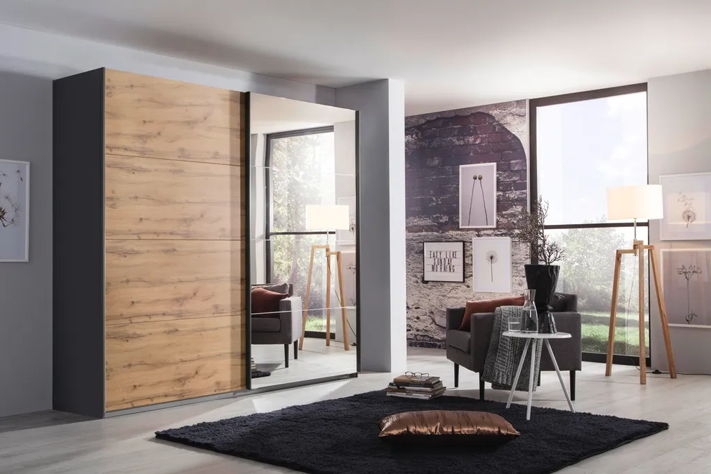 Schwebetürenschrank - Wotan EicheNachbildung - Grau Metallic - 226 X 210 Cm - Mit Spiegel – Bild 2