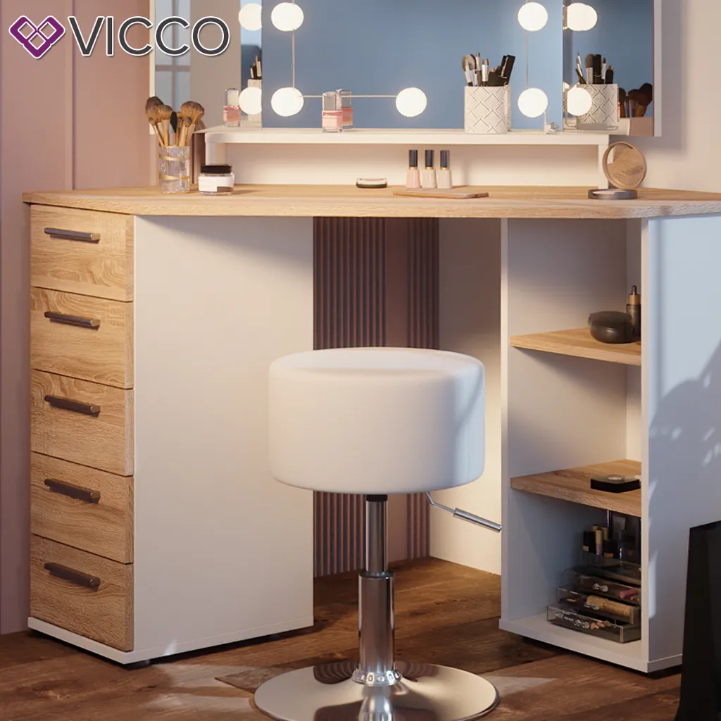 Vicco Eckschminktisch + Hocker + LED Sofia Weiß Sonoma 128,4 X 142,3 X 50,8 Cm Holzwerkstoff – Bild 5