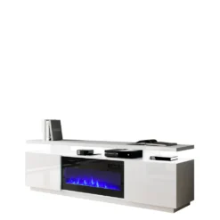 Mirjan24 TV-Lowboard Eva Mit Kamin, RTV-Schrank Vom Hersteller, TV-Möbel, Stilvoll Wohnzimmer (Weiß / Weiß Hochglanz, Mit LED Beleuchtung)