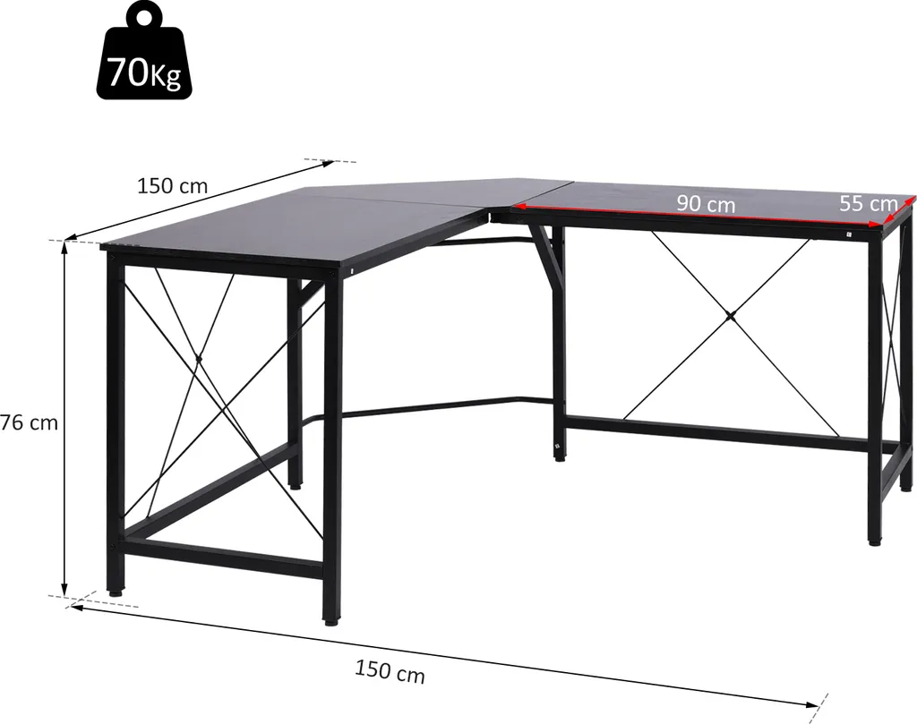 HOMCOM Computertisch Schreibtisch L-Form Eckschreibtisch Winkelschreibtisch MDF Schwarz 150 X 150 X 76 Cm – Bild 7