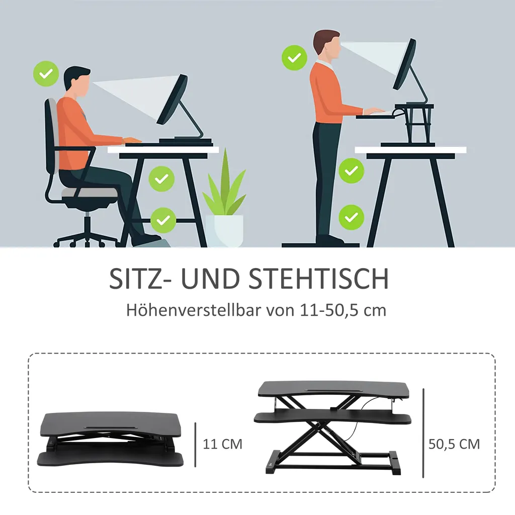Vinsetto Steh-Sitz Schreibtisch Computertisch Stehpult Standtisch Schreibtisch Höhenverstellbar Erhöhung Tischaufsatz Ergonomisch Design MDF Metall Schwarz 85 X 71 X 11-50,5 Cm – Bild 6