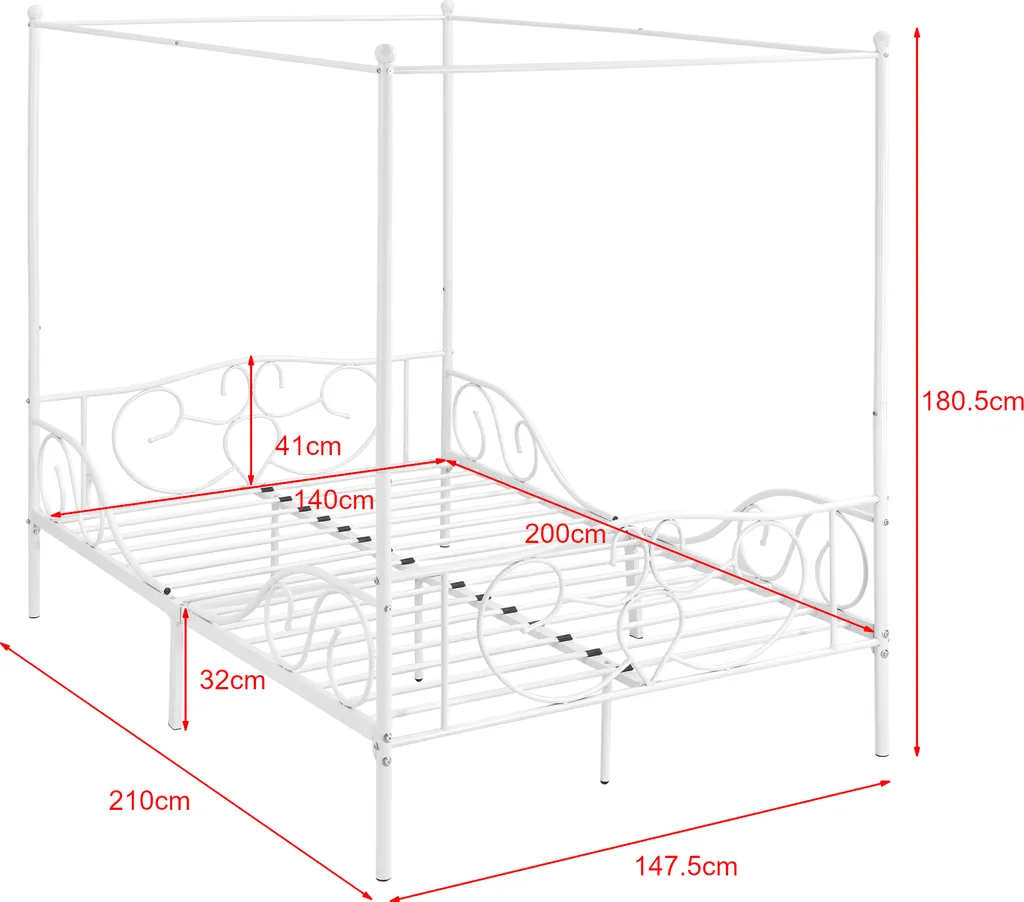 Himmelbett Finström 140x200cm Metall Bettrahmen Mit Lattenrost Jugendbett Weiß – Bild 3