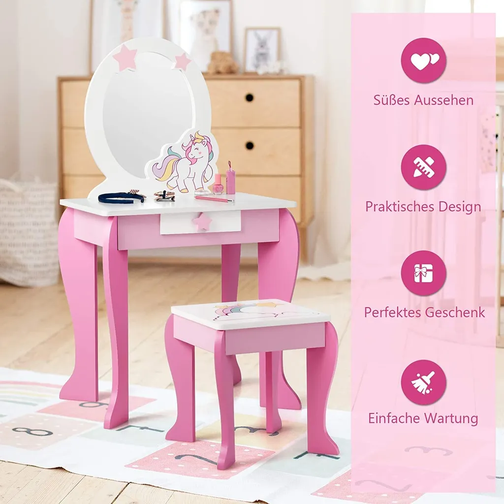 COSTWAY Kinder Schminktisch Mit Hocker, Prinzessin Frisiertisch Mit Schublade Und Abnehmbarer Spiegel, Frisierkommode Rosa, Schminkkommode Für Mädchen Von 3-7 Jahren (Pink) – Bild 3