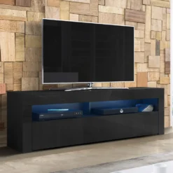 Selsey TV-Lowboard ALAN – Modernes TV-Sideboard In Schwarz Matt / Schwarz Hochglanz Mit LED, 160 Cm Breit