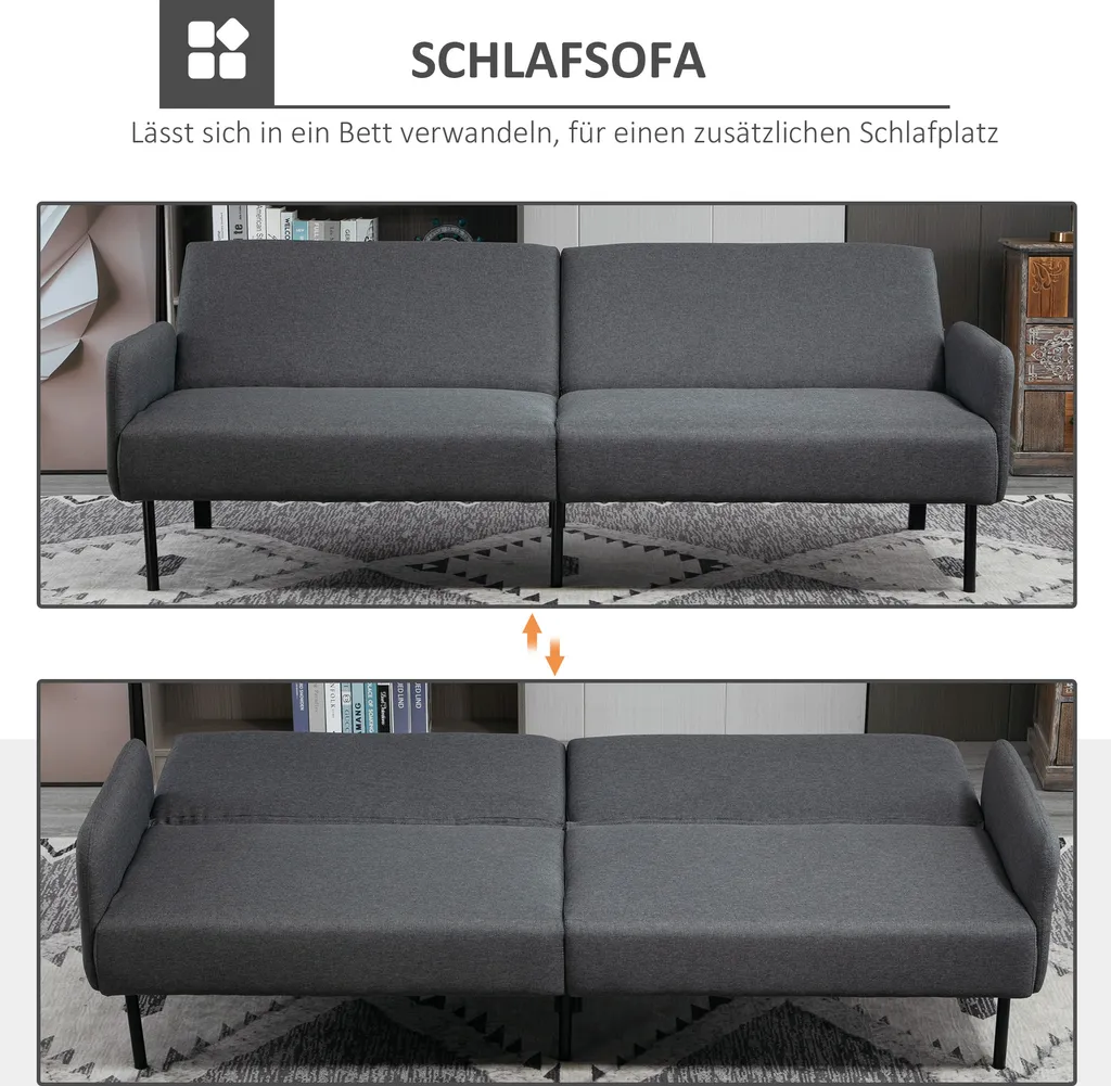 HOMCOM Schlafsofa Klappsofa 2-Sitzer Stoffsofa Bettsofa Sofa Mit Schlaffunktion Sofagarnitur Leinen-Touch Stahl Grau 214 X 94 X 81 Cm – Bild 3