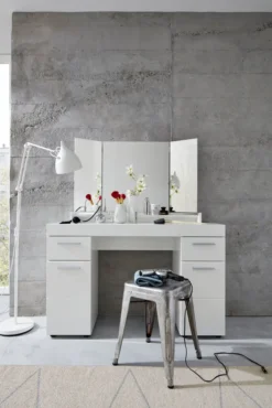 Trendteam Garderobe Kommode Amanda Schminktisch Weiß Melamin/Weiß Hochglanz Tiefzieh 120 X 141 X 41 Cm