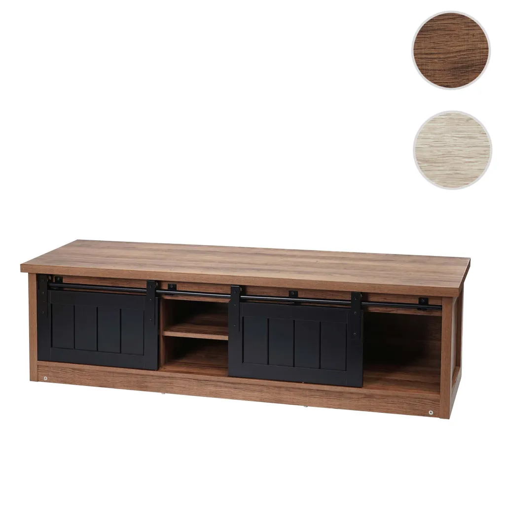 TV-Rack HWC-K75, Fernsehtisch TV-Board, Schiebetüren Staufächer, Holz-Optik Industrial Metall 43x150x40cm Braun