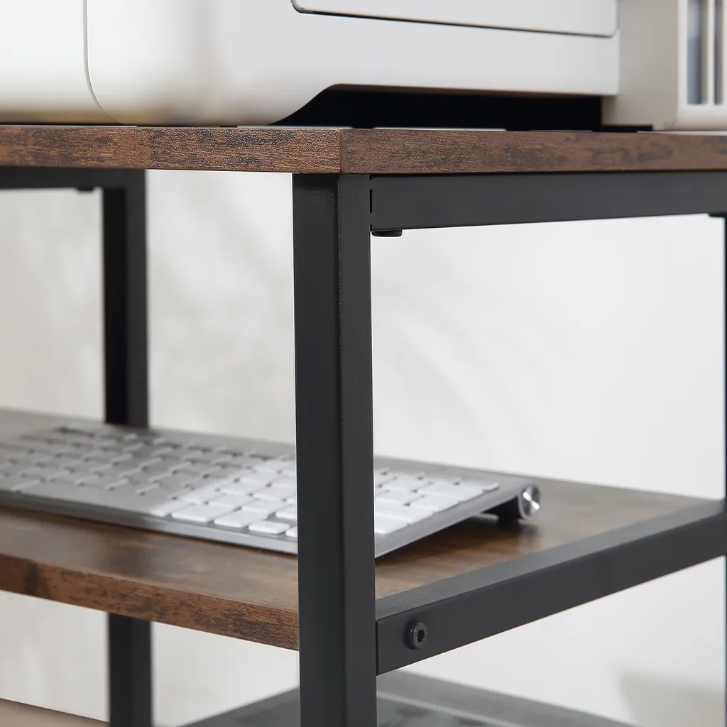 HOMCOM Eckschreibtisch Winkelschreibtisch PC-Tisch Computertisch Bürotisch Regal Schublade L-Form Spanplatte Metall Rustikales Braun 135 X 90 X 79 Cm – Bild 9