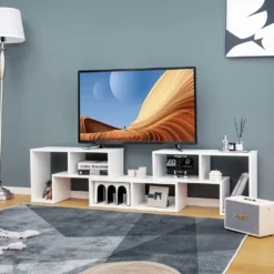 COSTWAY Fernsehschrank Holz 3-teilig, Frei Kombinierbar, Fernsehtisch Für TVs Bis Zu 65", Eckregal Ausziehbar, TV Lowboard TV Schrank, Multifunktionaler Bücherregal, Aufbewahrungsregal (Weiß)