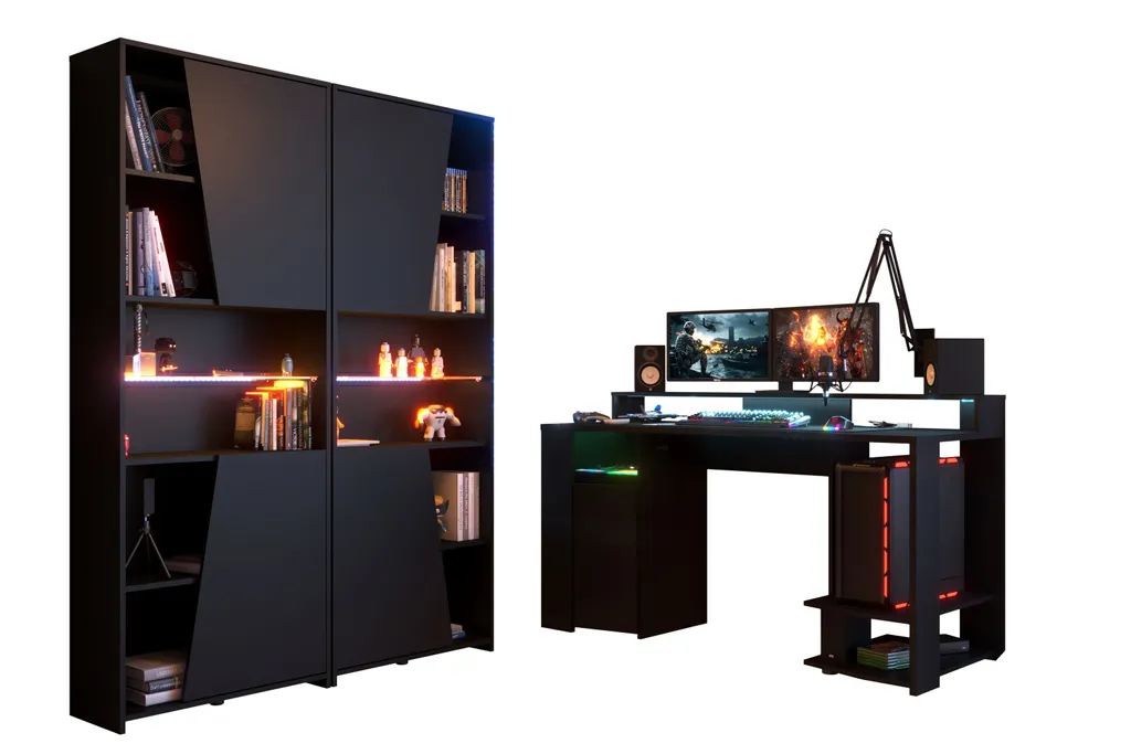 Gamer Set Gaming Parisot 3-tlg. Schreibtisch 152 X 62 Cm + 2x Regal B 67 Cm Schwarz LED Beleuchtung