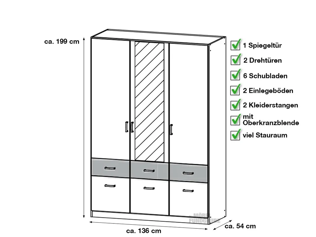 Kleiderschrank BREMEN Drehtürenschrank Mit Spiegel - Weiß 136 Cm - Die Möbelfundgrube – Bild 3