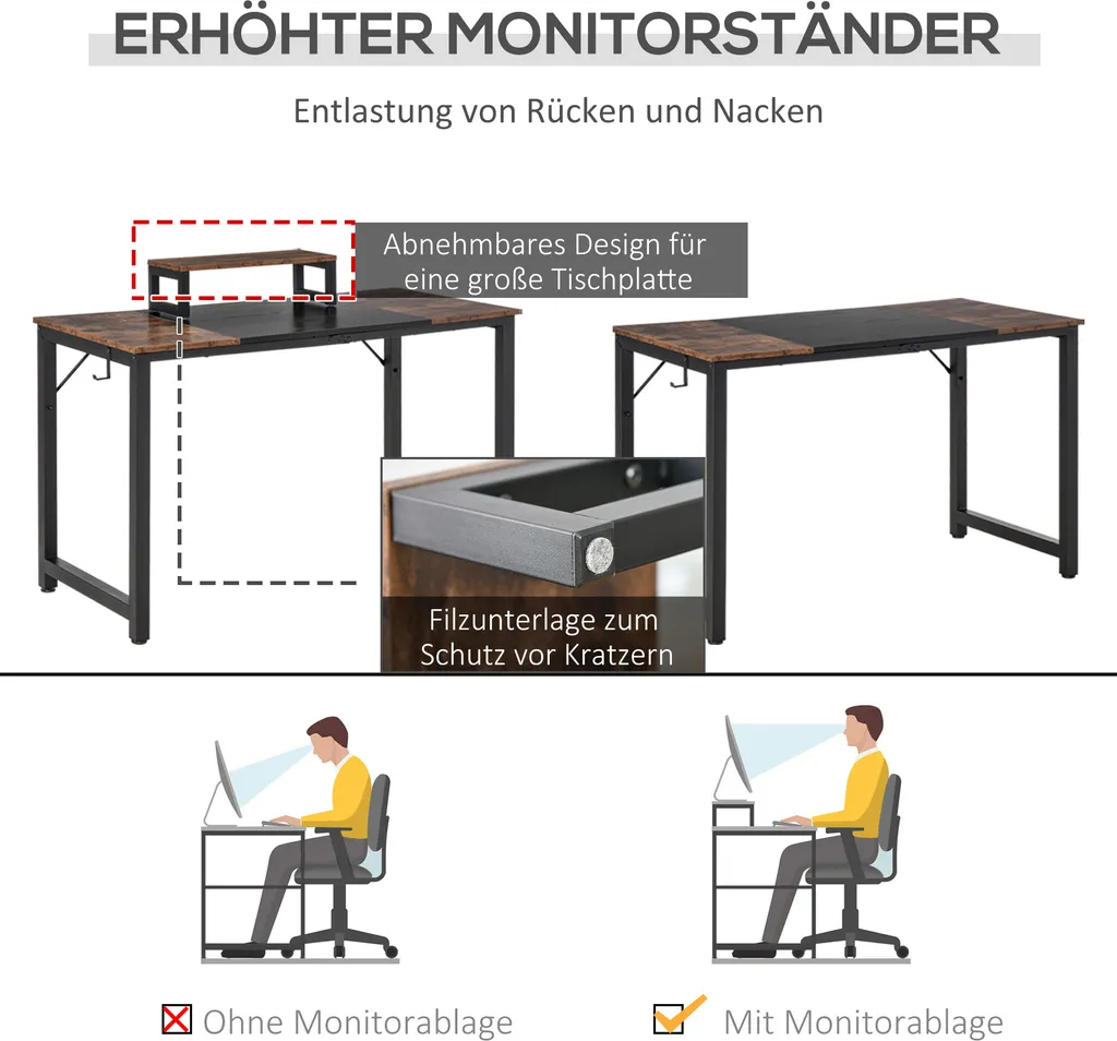 HOMCOM Computertisch Schreibtisch PC Tisch Bürotisch Industriestil Spanplatte Metall Rustikales Braun+Schwarz 120 X 60 X 73,5 Cm – Bild 4