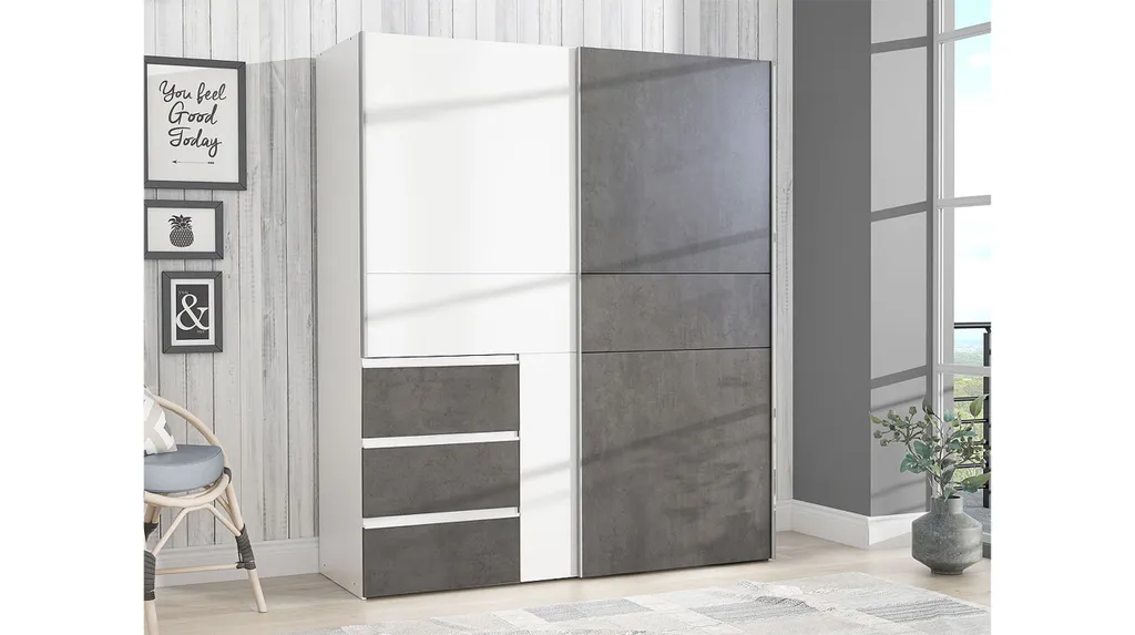Kleiderschrank Schwebetürenschrank WINN Weiß - Grau 170 Cm 2-türig - Die Möbelfundgrube – Bild 2