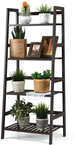 4 Etagen Leiterregal Aus Bambus, Standregal, Blumenregal, Pflantzenregal, Bücherregal Für Balkon & Arbeitszimmer&Wohnzimmer, 48x32x115cm (Braun)