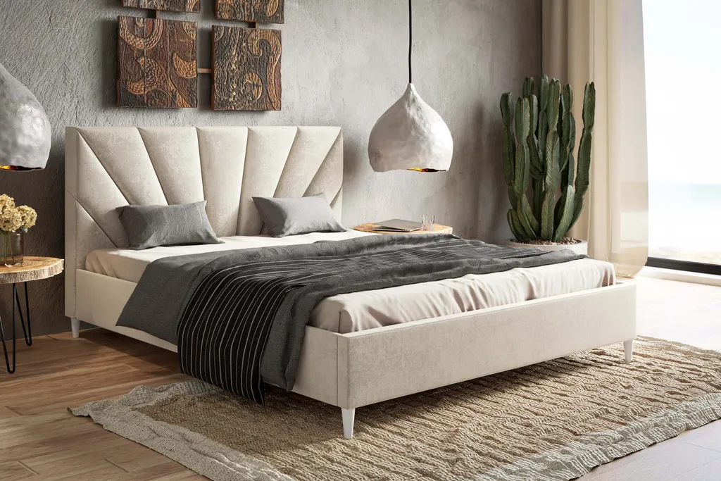 GRAINGOLD Samtbett 180x200 Fuzi - Doppelbett Mit Lattenrost - Skandinavischer Stil, Holzfüße - Beige