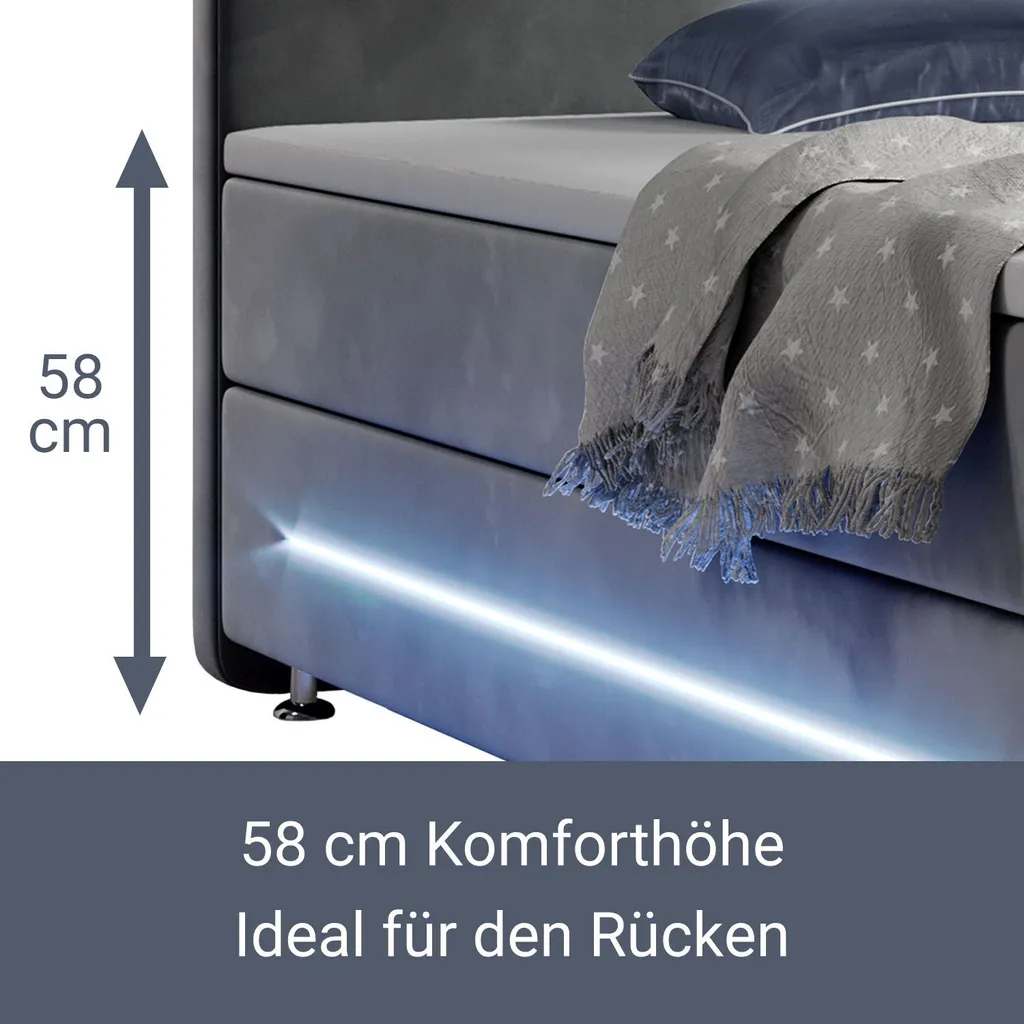 Juskys Boxspringbett Houston 140x200 Cm – Doppelbett Mit LED-Beleuchtung, Topper & Bonell-Federkern-Matratzen – Bett Polsterbett Grau Mit Stoff – Bild 7