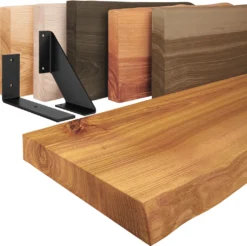 LAMO Manufaktur Wandregal Holz Baumkante, Holzregal Basic, Rustikal / Schwarz 160cm, LW-01-A-003-160LS