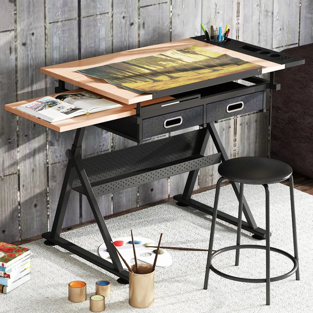 COSTWAY Zeichentisch Schreibtisch Architektentisch Arbeitstisch Tisch Buerotisch Mit Schubladen + Hocker Hoehenverstellbar Neigbar – Bild 3