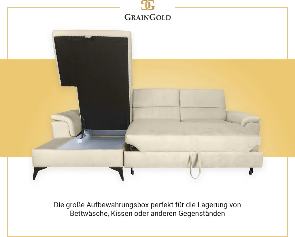 GRAINGOLD Ecksofa Dubai - Eckcouch In L-form Mit Schlaffunktion Und Bettkasten - Ottomane Rechts Freistehend - Beige – Bild 6