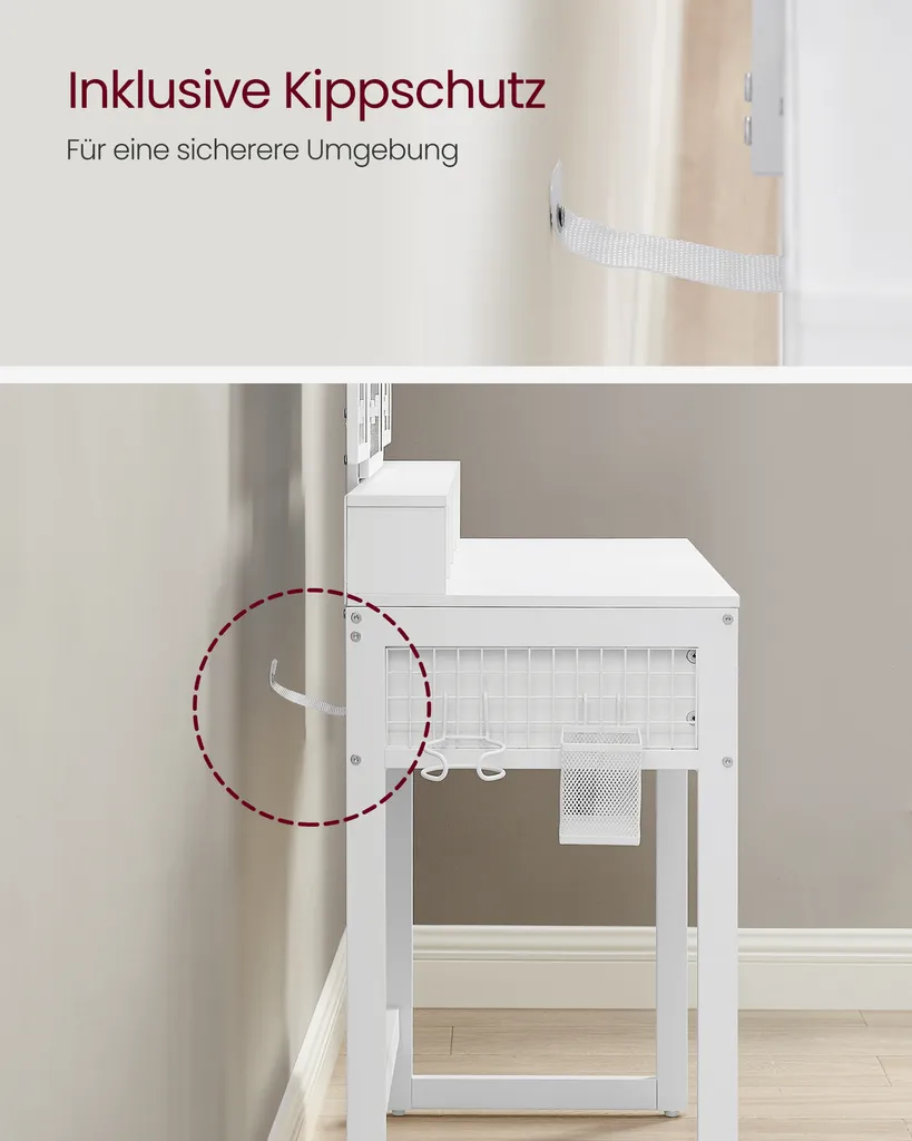 VASAGLE Schminktisch Mit Gepolstertem Hocker, Frisiertisch Mit Dreifachem Spiegel, 3 Schubladen, Haartrocknerhalter, Kosmetiktisch, Moderner Stil, Weiß RVT004W14 – Bild 7