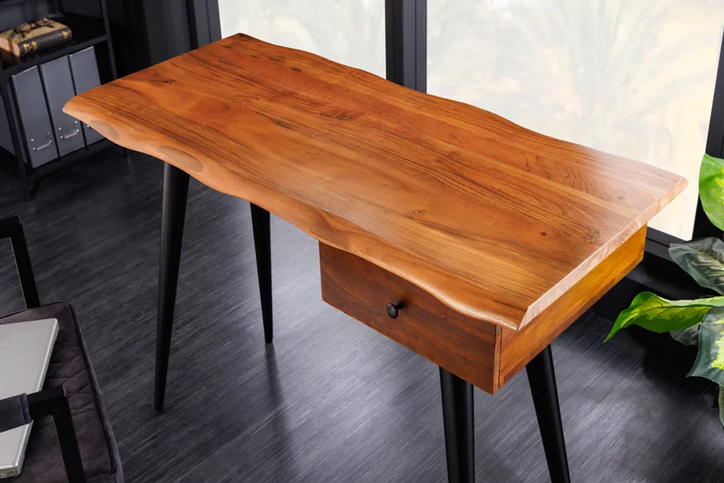 Massiver Schreibtisch WILD 110cm Akazienholz Baumkante Mit Schublade Metallbeine – Bild 2