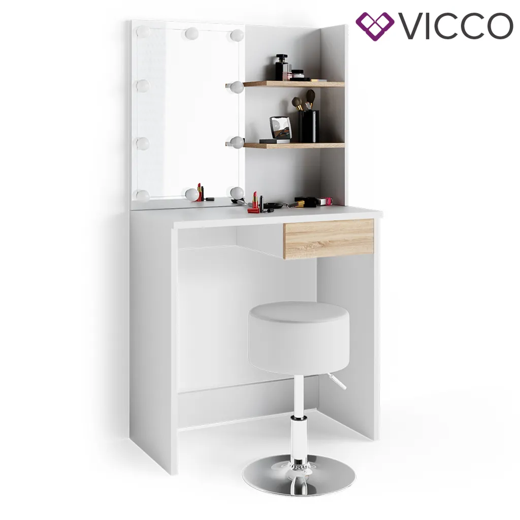 VICCO LED Schminktisch DEKOS Frisiertisch Kommode Kosmetik Weiß Eiche Hocker – Bild 7