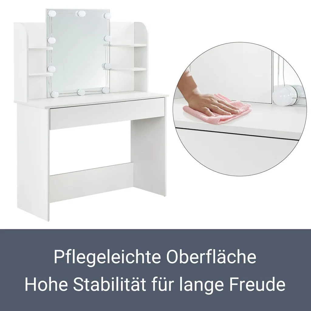 Juskys Schminktisch Bella Mit LED Beleuchtung, Spiegel, Schublade & 4 Ablagefächern - 108 X 40 X 140 Cm - Holz - Weiß - Kosmetiktisch Frisiertisch – Bild 8