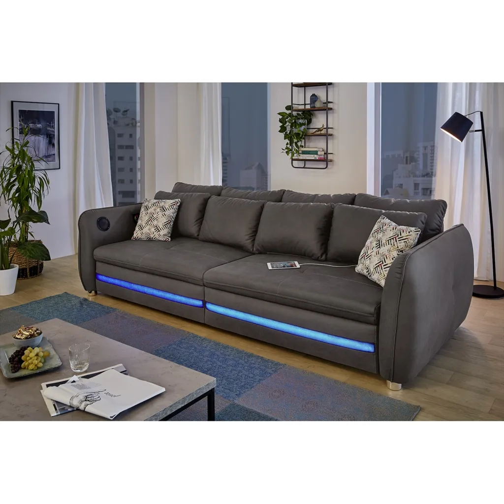 Big Sofa Couch Schlafsofa LED Beleuchtung Bluetooth Soundsystem Ca. 286 Cm LOUNGE Grau – Bild 3
