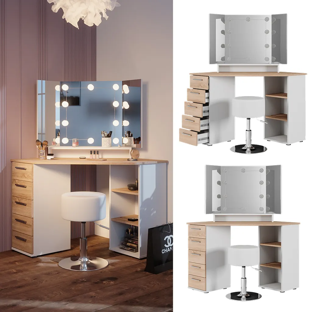 Vicco Eckschminktisch + Hocker + LED Sofia Weiß Sonoma 128,4 X 142,3 X 50,8 Cm Holzwerkstoff