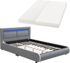 Juskys Polsterbett Murcia 140 X 200 Cm Mit LED Beleuchtung, Lattenrost, Matratze & Kopfteil - Kunstleder & Holz – Bett Bettgestell Jugendbett Grau