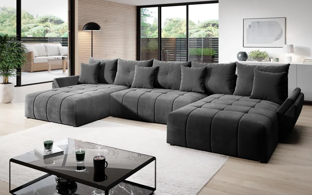 FURNIX Polstercouch CALVANI U Sofa In U-Form: Bettkasten Kissen EN24 Grau