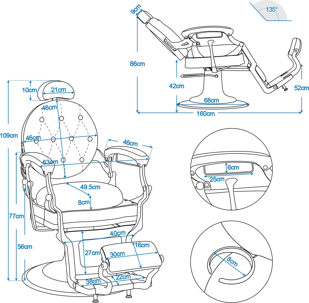 Barberpub Friseurstuhl Hydraulische Friseursessel 2933 GD, Mit Retro/ Vintage Stil, 360° Drehbar, Kunstleder, Goldrahmen , 109 × 68 × 113 Cm (Schwarz-Gold) – Bild 7