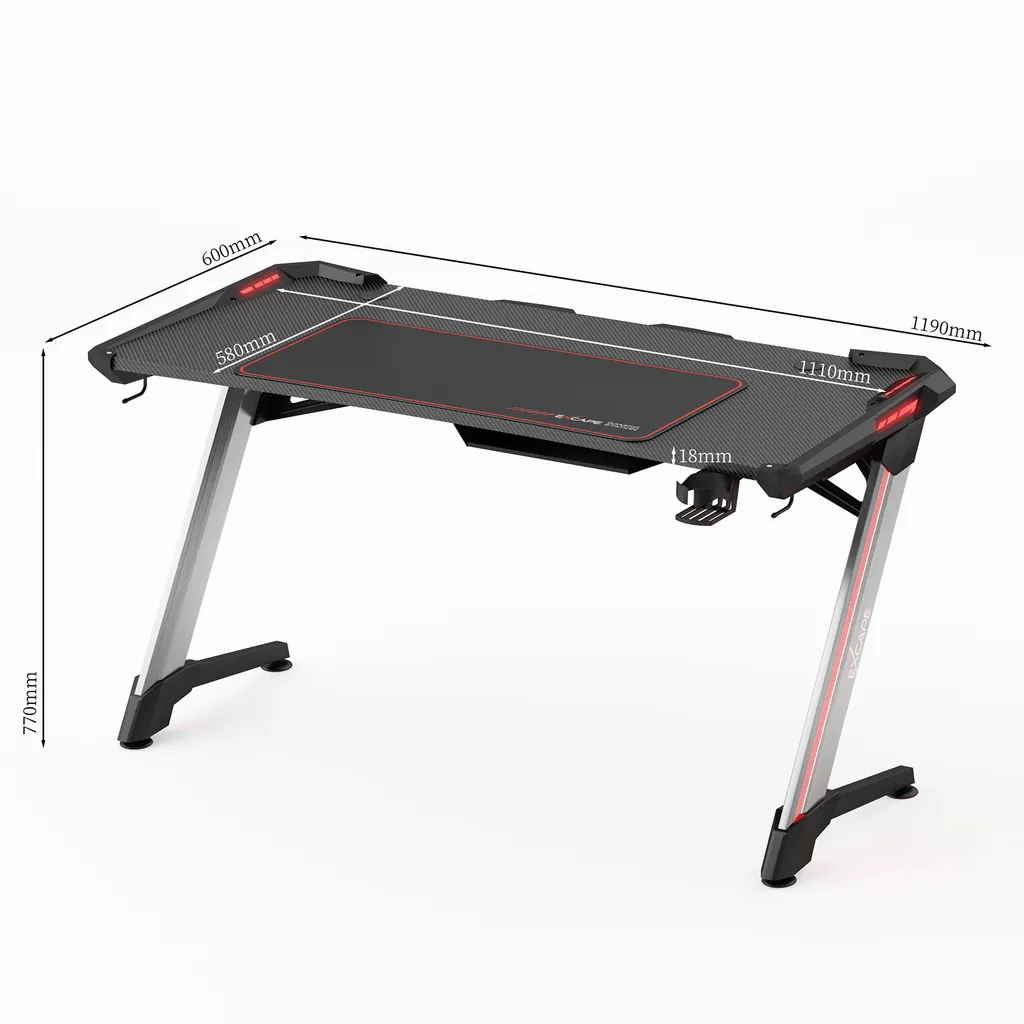 EXCAPE Gaming Tisch Z12 ULTRA Mit LED/RGB Beleuchtung 120cm Breit - Beine In Z-Form, Carbon-Optik, Schreibtisch Gaming - Gamingtisch Inkl. Getränkehalter, Kopfhörerhalter - PC Tisch, Gamer Desk, Tischplatten Größe:120cm X 60xm – Bild 6