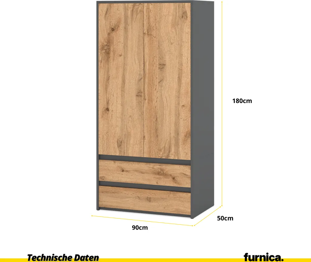 FURNICA - JOELLE - Kleiderschrank Mit 2 Türen Und 2 Schubladen - Anthrazit Grau / Wotan Eiche H180cm B90cm T50cm – Bild 2
