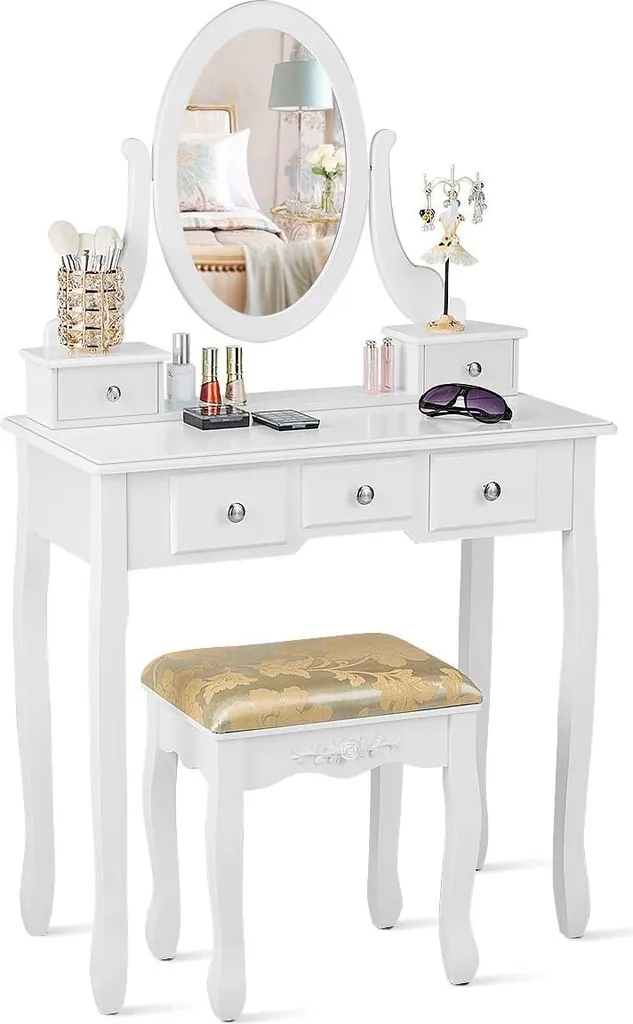 COSTWAY Schminktisch Set, Frisiertisch Mit 360° Spiegel Und Hocker, Schminkkommde Mit 5 Schubladen, Kosmetiktisch Gepolsterter Schminkhocker Make Up Tisch , Weiß