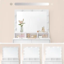 VASAGLE Schminktisch, Frisiertisch, Kosmetiktisch Mit 9 LED-Glühbirnen Und Spiegel, Einstellbare Helligkeit, 2 Schubladen Und 3 Offene Fächer, Schubladen, Modern, Weiß RDT120T10