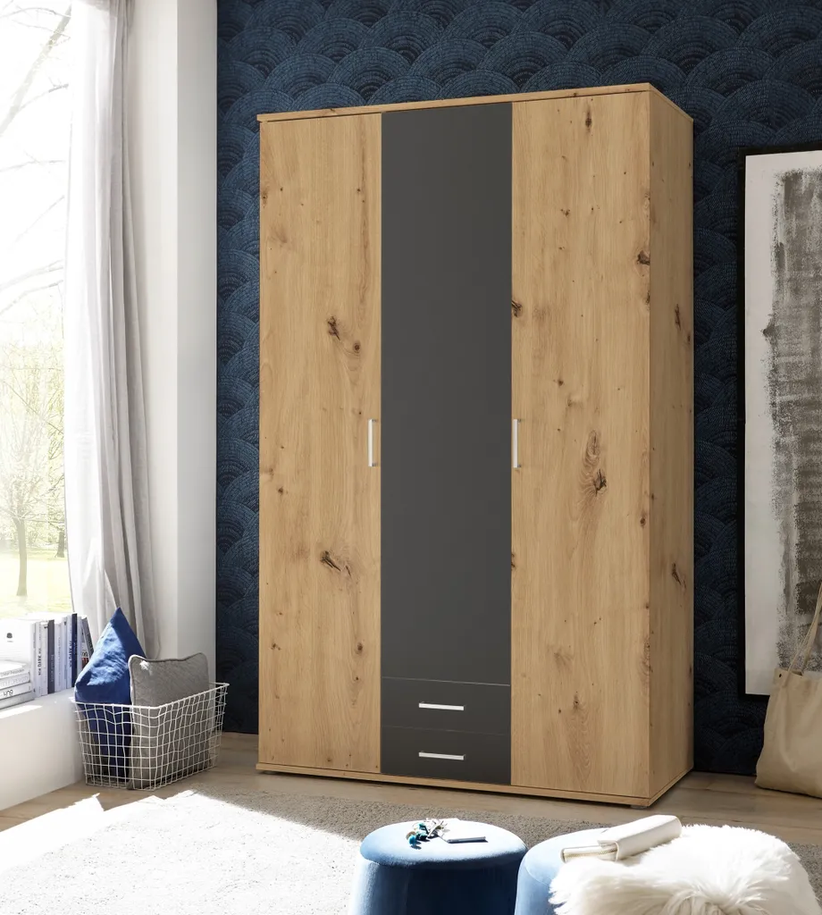 Kleiderschrank "Marburg" In Artisan Eiche / Graphit Mit 2 Schubladen Und 3 Türen. Abmessungen (BxHxT) 120x196x54 Cm