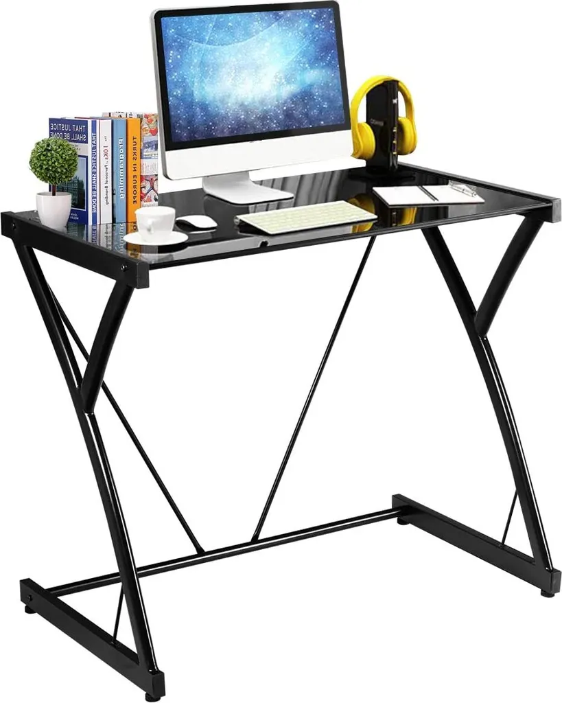 COSTWAY Computertisch Schreibtisch Mit Gehärteter Glasplatte, Gamingtisch Z-förmige Eisengestell, Arbeitstisch PC Tisch Für Gaming Büro Studierzimmer, Schwarz
