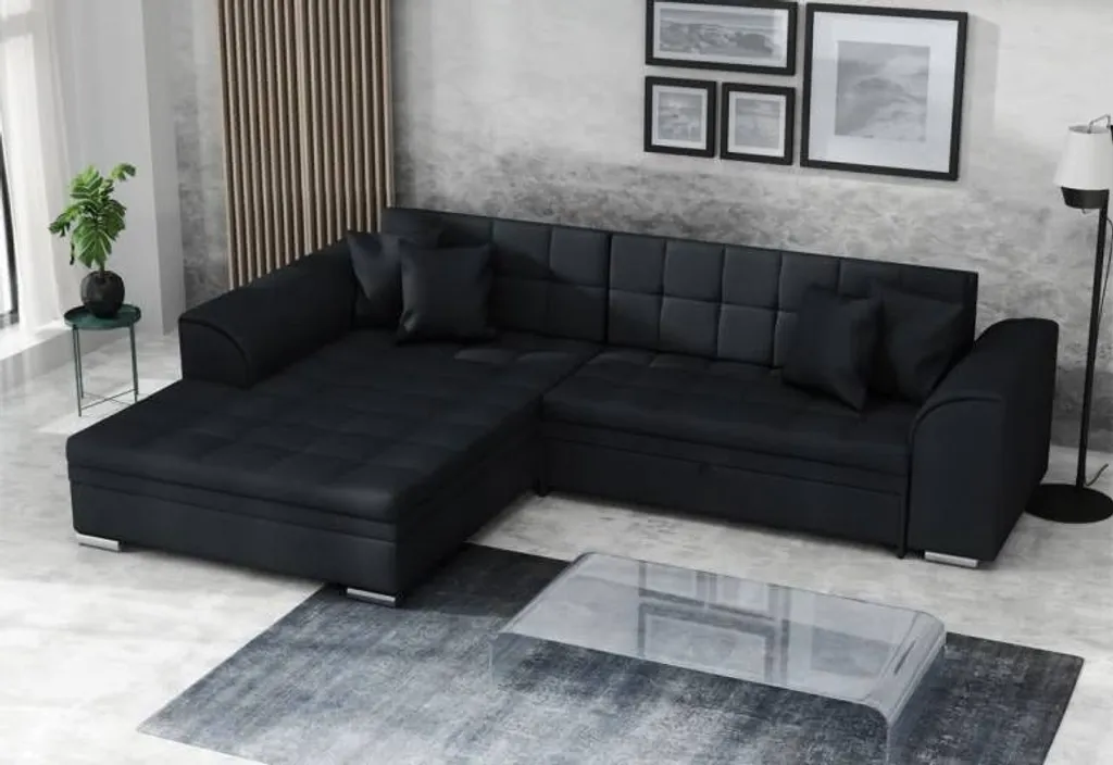 FURNIX Schlaf-Ecksofa SOTTERIA Polstercouch L-Form Kissen SA14 Schwarz