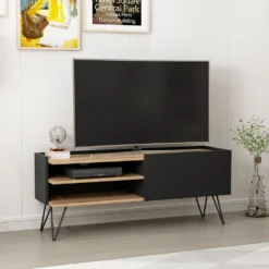TV Schrank Dronninglund Lowboard Wohnzimmer TV Board Schwarz Holz-Optik Fernsehtisch Mit Tür