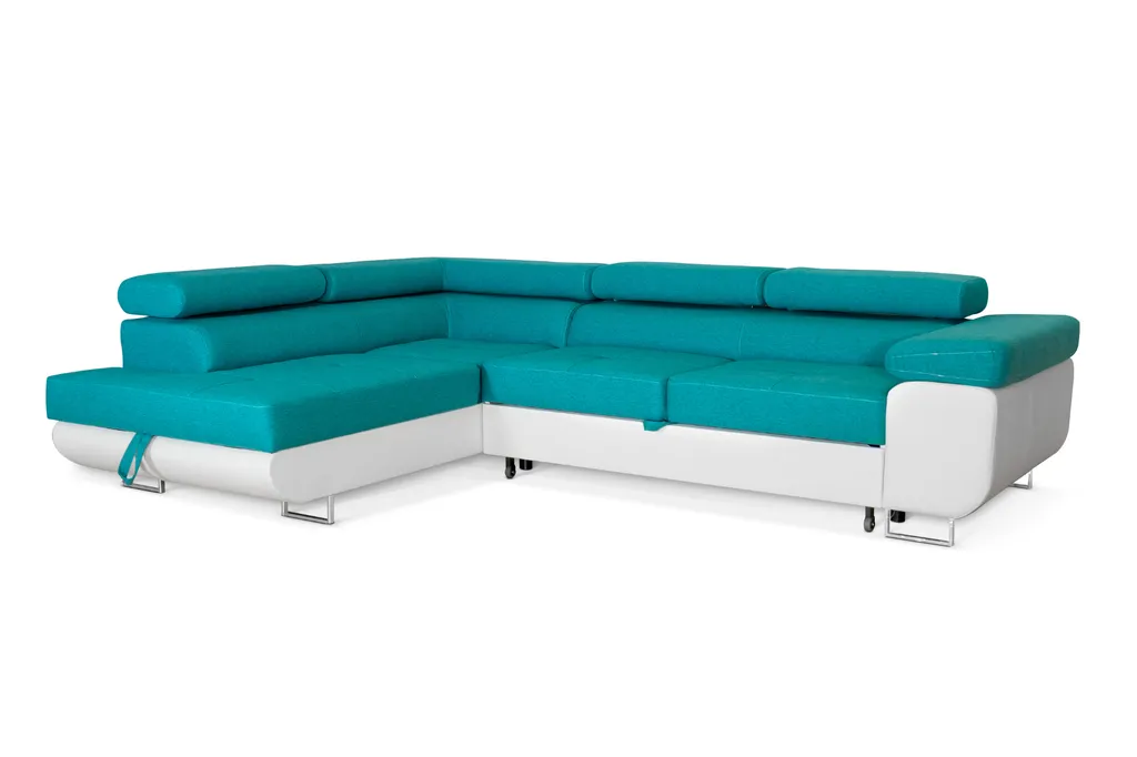 Ecksofa Aller L-form Mit Schlaffunktion Und Bettkasten, Türkis Und Weißes Kunstleder, Links Ottomane. – Bild 2
