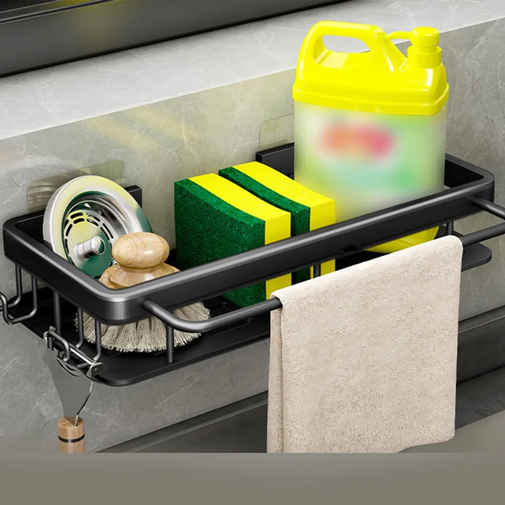 Küchenregal, Gewürzregal, Waschbecken Schwamm Abtropfkorb, Handtuchhalter Mit Haken, Schwarz Wandregale
