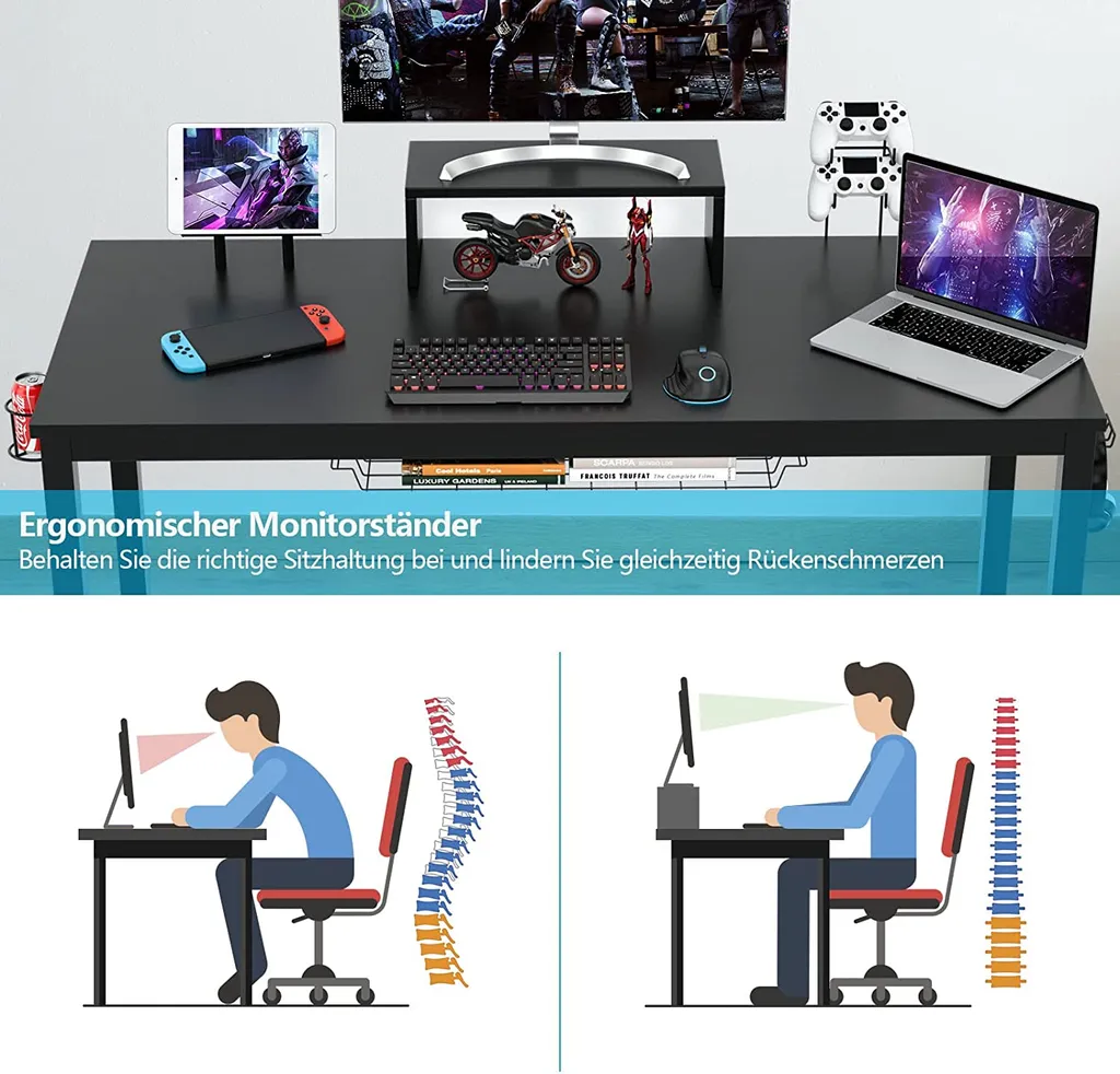 COSTWAY 140cm Gaming Tisch Mit Monitorablage, Groß Gamer Schreibtisch, PC-Tisch Mit Getränkehalter, Kopfhörerhaken, Aufbewahrungskorb, Medienablage, Verstellbare Fußpolster – Bild 2