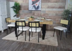 6er-Set Esszimmerstuhl HWC-K88, Lehnstuhl Stuhl, Holz Poly-Rattan Metall Bouclé Stoff/Textil Weiß