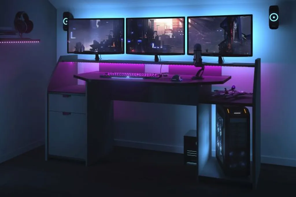 Gamer Tisch Grau / Schwarz B 180 Cm Schreibtisch LED Beleuchtung / Farbwechsel Inklusive Fernbedienung Jugend Kinderzimmer Büro PC Computer