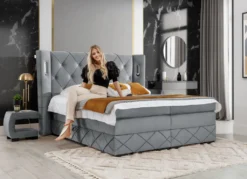 MKS MEBLE Boxspringbett - Doppelbett Mit Bettkasten Und Zwei Matratzen - Kopfteil Mit LED - King Size Farleta 160x200cm - H3 Grau