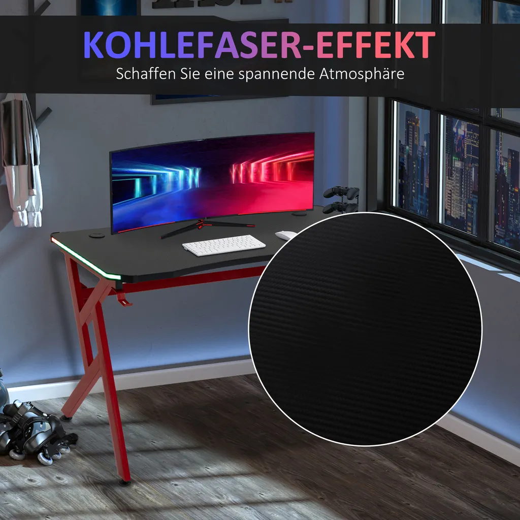 HOMCOM Gaming Tisch RGB-Lichter Schreibtisch R-förmiger 4 Verstellbare Fußstützen Computertisch Arbeitstisch Spanplatte Metall Schwarz+Rot 120 X 60 X 74,5 Cm – Bild 4